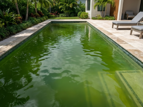 Piscina com água verde turva